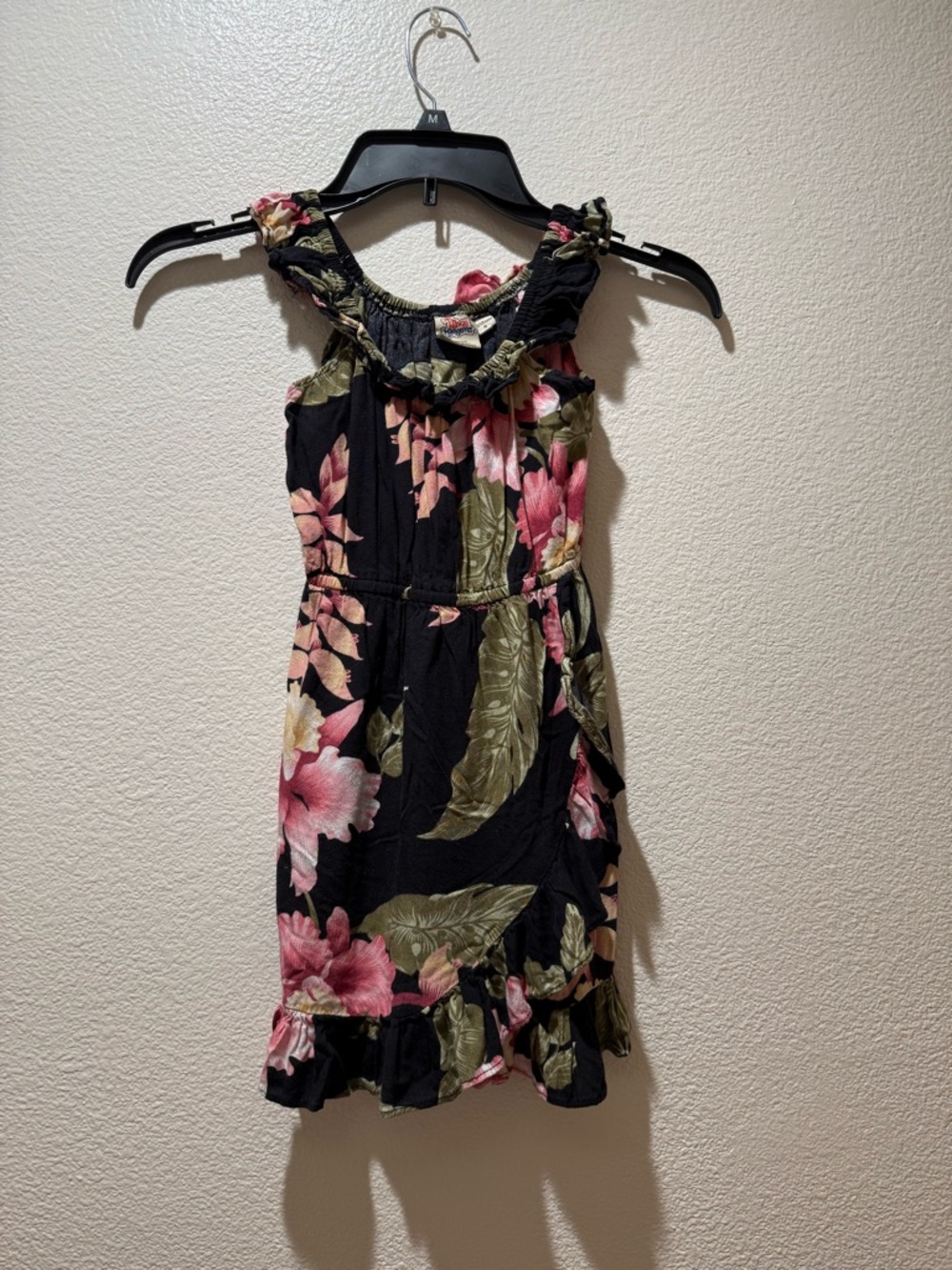 Girls Black Floral Casual Sundress - Pink & Green